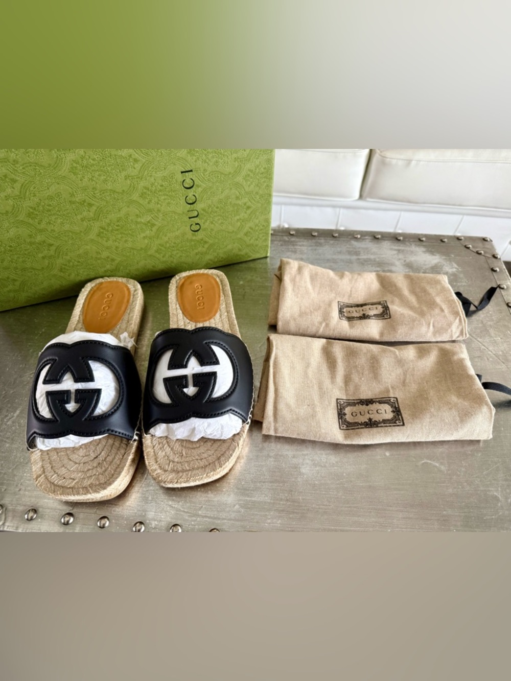 NEW Gucci Interlocking G Cut-Out Espadrille Slide Sandals Black